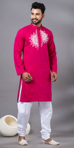 Deep Pink Hand Painted Men's Cotton Kurta-Men's Kurtas-parinitasarees