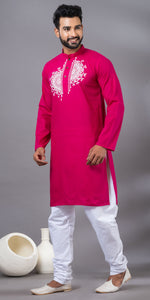 Deep Pink Hand Painted Men's Cotton Kurta-Men's Kurtas-parinitasarees