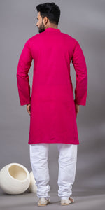 Deep Pink Hand Painted Men's Cotton Kurta-Men's Kurtas-parinitasarees