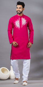 Deep Pink Hand Painted Men's Cotton Kurta-Men's Kurtas-parinitasarees