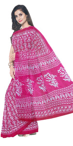 Deep Pink Mul Cotton Saree with Floral Block Prints-Mul Cotton-parinitasarees