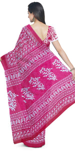 Deep Pink Mul Cotton Saree with Floral Block Prints-Mul Cotton-parinitasarees