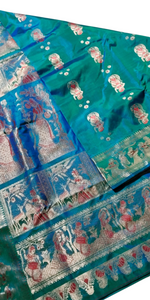 Dual Shade Blue-Green Swarnachari Saree with Beautiful Pallav-Baluchari saree-parinitasarees