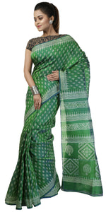 Dual Tone Blue-Green Bishnupuri Silk Saree with Block Prints-Bishnupuri silk saree-parinitasarees