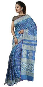 Dual Tone Blue-Pink Bishnupuri Silk Saree with Block Prints-Bishnupuri silk saree-parinitasarees
