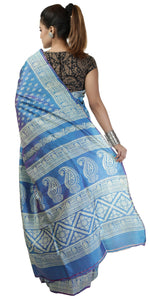 Dual Tone Blue-Pink Bishnupuri Silk Saree with Block Prints-Bishnupuri silk saree-parinitasarees