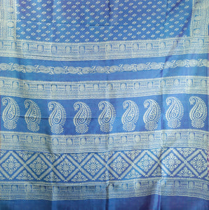 Dual Tone Blue-Pink Bishnupuri Silk Saree with Block Prints-Bishnupuri silk saree-parinitasarees