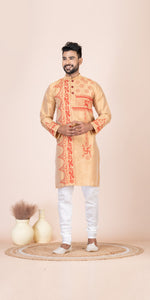 Golden Dupion Silk Panjabi with Kantha Embroidery-Men's Kurtas-parinitasarees