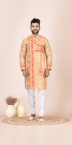 Golden Dupion Silk Panjabi with Kantha Embroidery-Men's Kurtas-parinitasarees