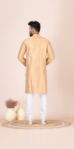 Golden Dupion Silk Panjabi with Kantha Embroidery-Men's Kurtas-parinitasarees