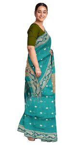 Green-Black Handspun Cotton Saree with Floral Motifs-Handspun Cotton-parinitasarees