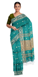 Green-Black Handspun Cotton Saree with Floral Motifs-Handspun Cotton-parinitasarees
