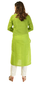 Green Cotton Chikankari Kurti with Floral Motifs-Women's Chikankari Kurti-parinitasarees