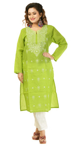 Green Cotton Chikankari Kurti with Floral Motifs-Women's Chikankari Kurti-parinitasarees