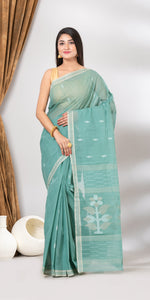 Green Cotton Jamdani with Floral Motifs-Jamdani saree-parinitasarees