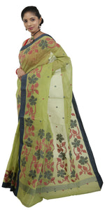 Green Cotton Jamdani with Geometric Motifs-Jamdani saree-parinitasarees