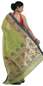 Green Cotton Jamdani with Geometric Motifs-Jamdani saree-parinitasarees