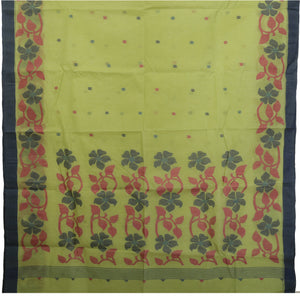 Green Cotton Jamdani with Geometric Motifs-Jamdani saree-parinitasarees