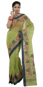 Green Cotton Jamdani with Geometric Motifs-Jamdani saree-parinitasarees