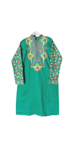 Green Cotton Panjabi with Floral Kantha Embroidery- L-Men's Kurtas-parinitasarees