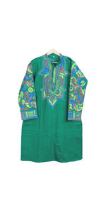 Green Cotton Panjabi with Floral Kantha Embroidery- XL-Men's Kurtas-parinitasarees