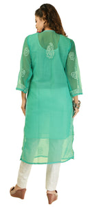 Green Georgette Chikankari Kurti with Floral Motifs-Women's Chikankari Kurti-parinitasarees