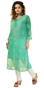 Green Georgette Chikankari Kurti with Floral Motifs-Women's Chikankari Kurti-parinitasarees