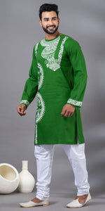 Green Hand Painted Men's Cotton Kurta-Men's Kurtas-parinitasarees