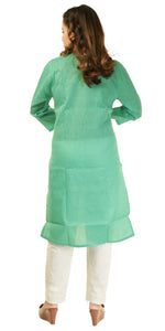 Green Handspun Cotton Chikankari Kurti with Floral Motifs-Women's Chikankari Kurti-parinitasarees