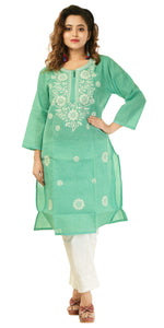 Green Handspun Cotton Chikankari Kurti with Floral Motifs-Women's Chikankari Kurti-parinitasarees