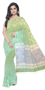 Green Handspun Cotton Saree with Jamdani Pattern-Handspun Cotton-parinitasarees