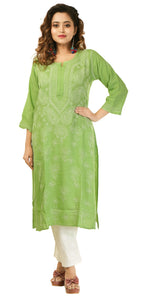 Green Modal Chikankari Kurti with Floral Embroidery-Women's Chikankari Kurti-parinitasarees