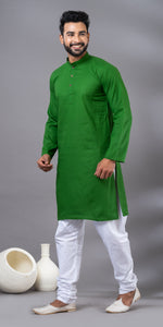 Green Plain Cotton Men's Kurta-Men's Kurtas-parinitasarees