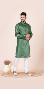 Green Pure Kosa Silk Men's Kurta with Silk Mark-Men's Kurtas-parinitasarees