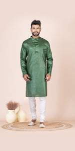 Green Pure Kosa Silk Men's Kurta with Silk Mark-Men's Kurtas-parinitasarees