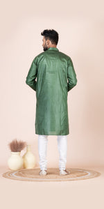 Green Pure Kosa Silk Men's Kurta with Silk Mark-Men's Kurtas-parinitasarees