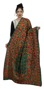 Green Pure Silk Kantha Dupatta with Floral Motifs-Dupattas-parinitasarees