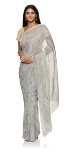 Grey Hand Marbled Pure Silk Chiffon Saree-Marbling Sarees-parinitasarees