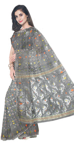 Grey Muslin Saree with Dhakai Motifs-Muslin saree-parinitasarees