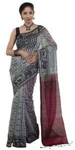 Grey Shantiniketan Cotton Saree with Pink Pallav-parinitasarees