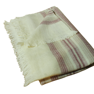 Handwoven, Pure Merino Cream Wool Stole With Burgundy Brown all over striped pattern-Shawls-parinitasarees