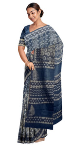 Indigo Mul Cotton Saree with Floral Block Prints-Mul Cotton-parinitasarees