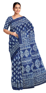 Indigo Mul Cotton Saree with Floral Block Prints-Mul Cotton-parinitasarees