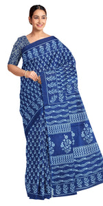 Indigo Mul Cotton Saree with Floral Block Prints-Mul Cotton-parinitasarees