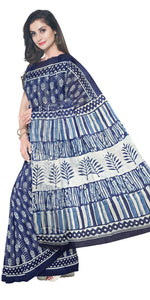Indigo Mul Cotton Saree with Floral Block Prints-Mul Cotton-parinitasarees