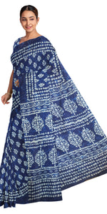 Indigo Mul Cotton Saree with Floral Block Prints-Mul Cotton-parinitasarees