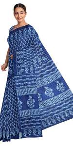 Indigo Mul Cotton Saree with Floral Block Prints-Mul Cotton-parinitasarees