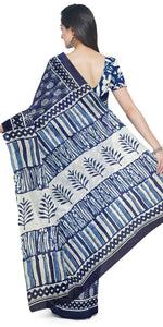 Indigo Mul Cotton Saree with Floral Block Prints-Mul Cotton-parinitasarees