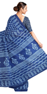 Indigo Mul Cotton Saree with Floral Block Prints-Mul Cotton-parinitasarees
