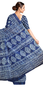 Indigo Mul Cotton Saree with Floral Block Prints-Mul Cotton-parinitasarees
